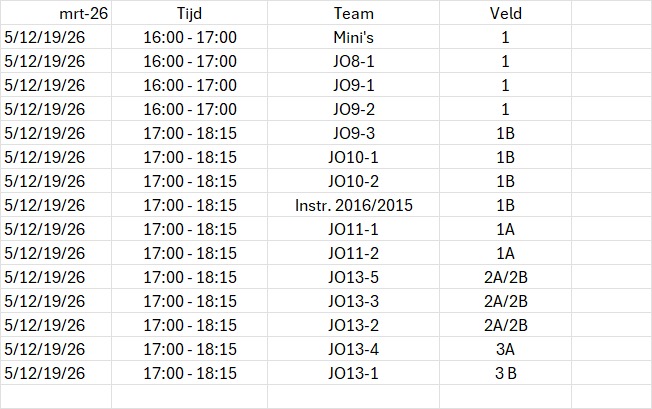 Wijziging trainingsdagen maart 2026!