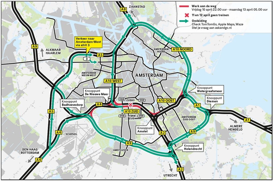 Wegwerkzaamheden ring Amsterdam weekend van 10 april 2026